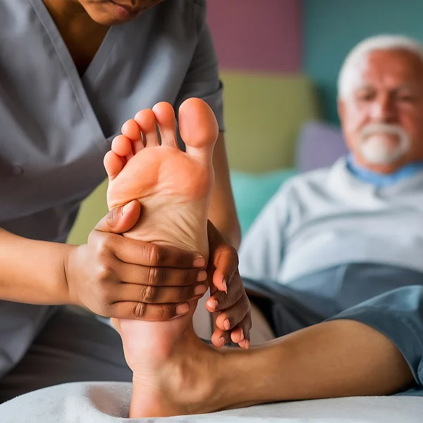 A nurse assists an elderly man with foot care, providing support and attention to his needs.